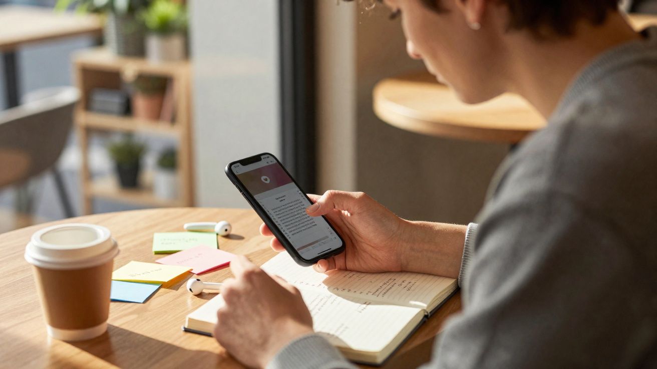 Pessoa usando celular e anotando em caderno em mesa com copo de café e post-its coloridos.