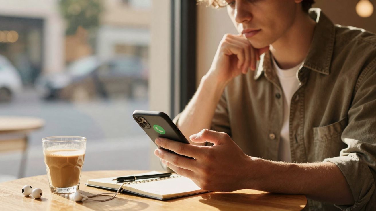 Jovem sentado à mesa de café olhando para o celular, com caderno, caneta, fones e copo de bebida.