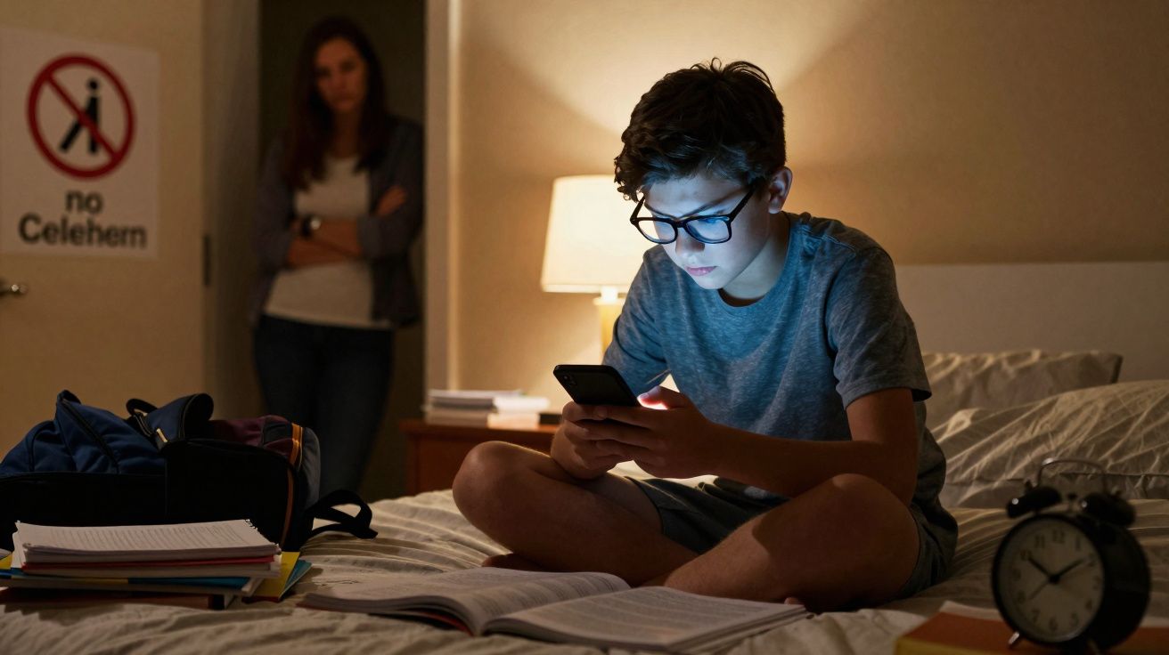 Menino sentado na cama usando celular, com mãe ao fundo observando e livros espalhados ao redor.