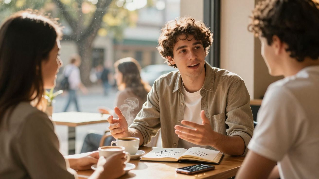 Jovem conversa animadamente com amigos em café, com caderno aberto e celular sobre a mesa.