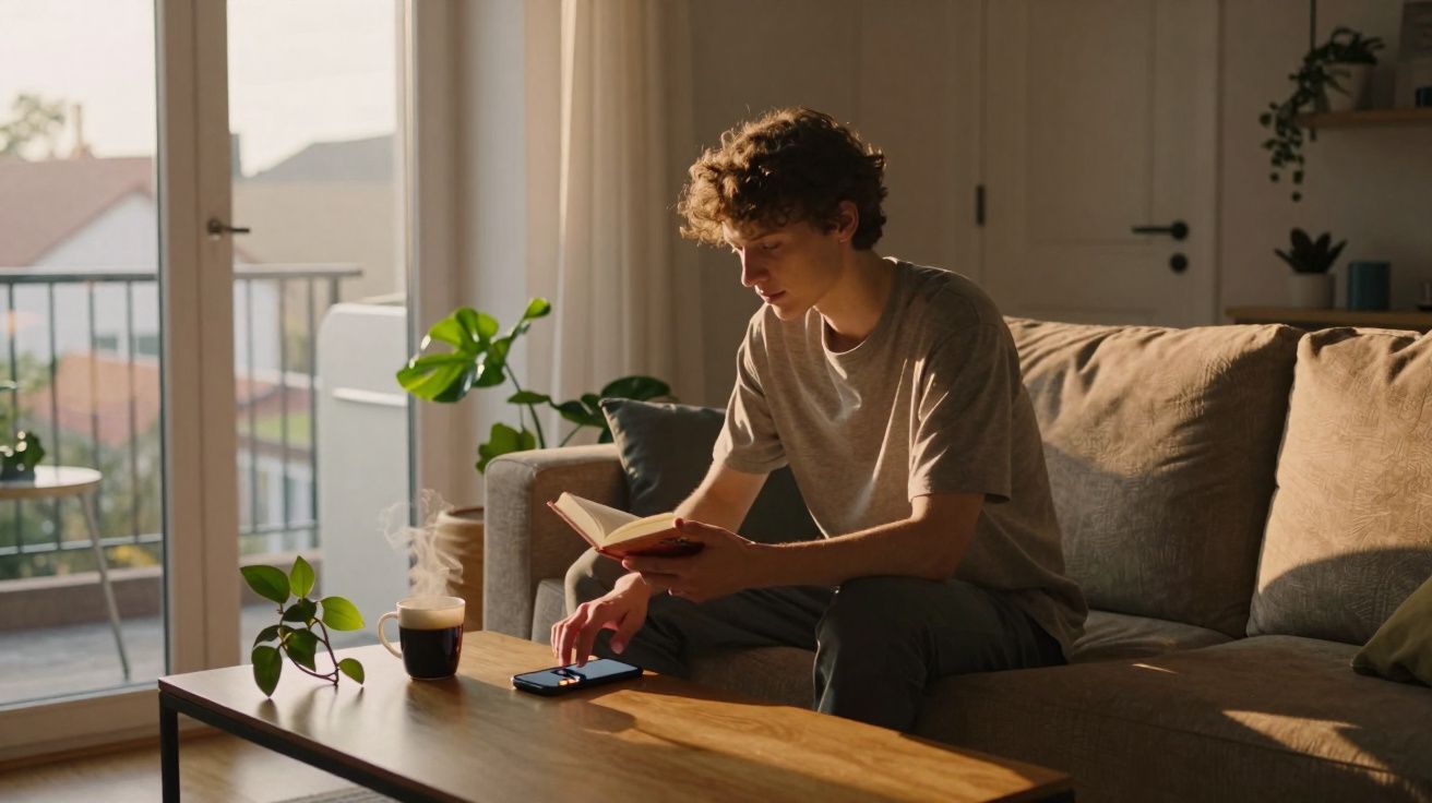 Jovem sentado no sofá lendo um livro e tocando celular em sala iluminada pela luz natural.