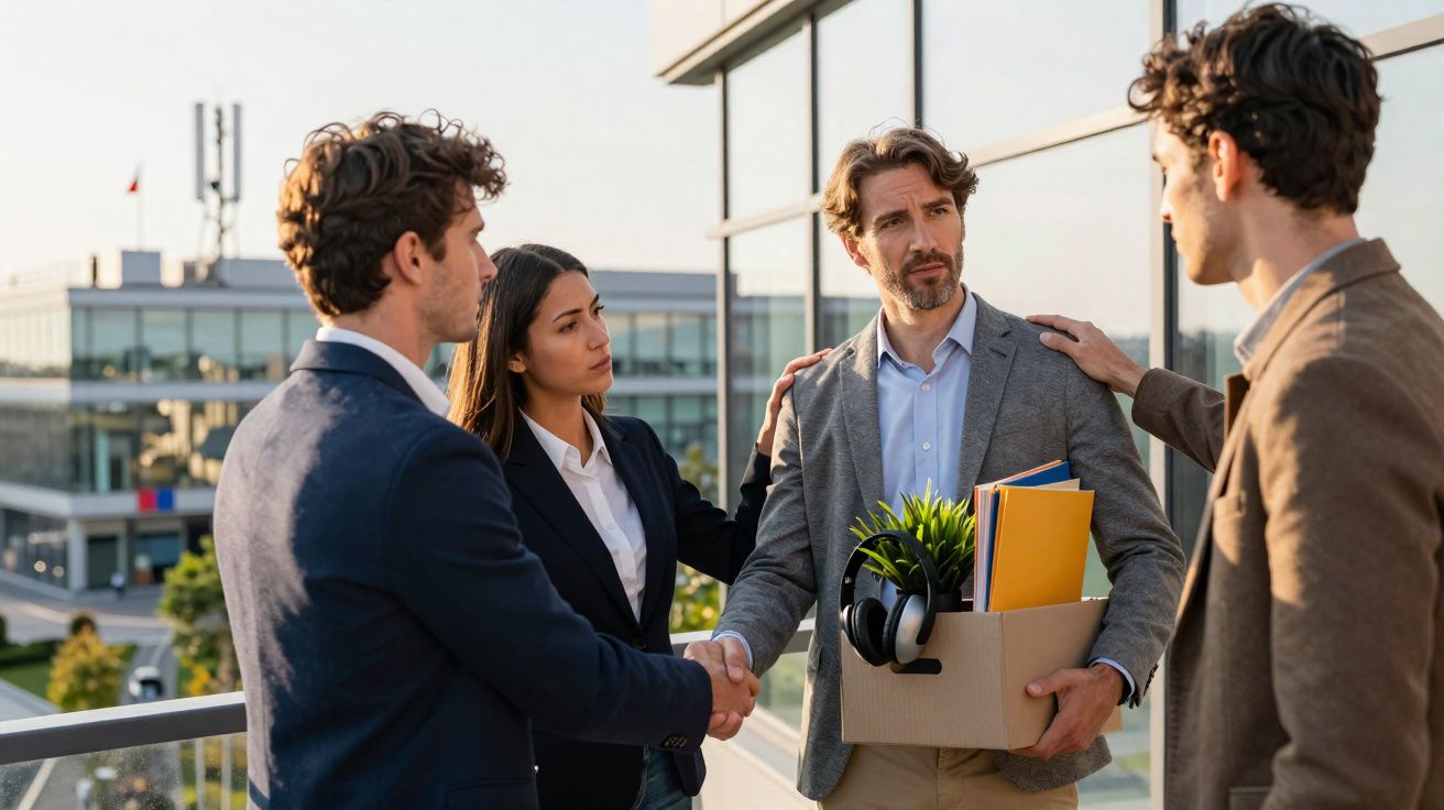 Homens e mulher consolam profissional demitido que segura caixa com pertences ao ar livre em prédio empresarial.