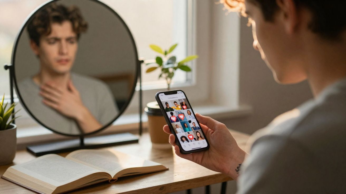 Pessoa segurando celular com app de encontros, refletida em espelho perto de livro aberto sobre mesa.