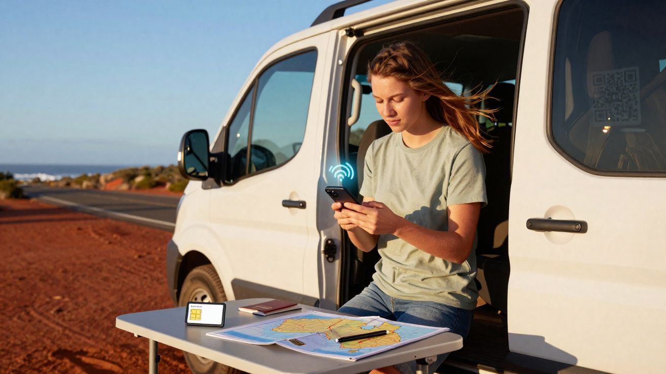 Mulher sentada na porta de uma van branca, usando celular e com mapa sobre mesa portátil ao ar livre.