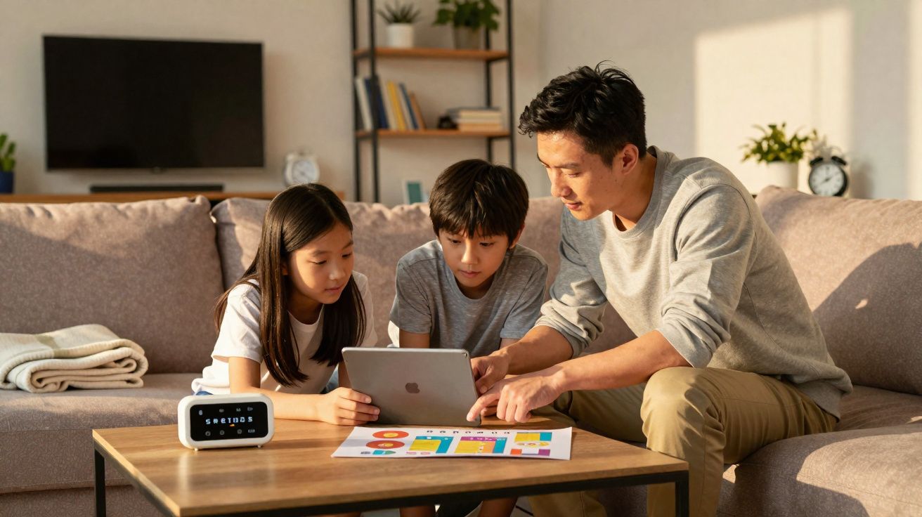 Homem e duas crianças usando tablet para estudo em sala de estar com sofá e relógio digital na mesa.