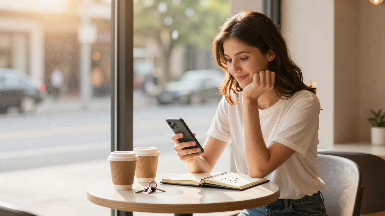 Mulher sentada em café, sorrindo, olhando celular, com caderno, chaves e dois copos de café na mesa.