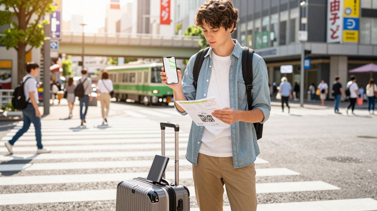 Jovem com mochila e mala consulta celular e papel com QR code em cruzamento na cidade movimentada.