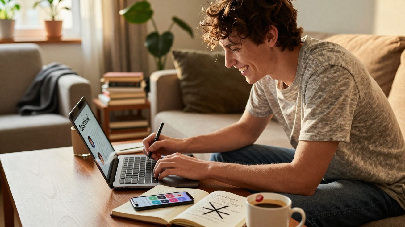 Jovem sorridente usando laptop e escrevendo, com celular, caderno e café em mesa de sala.