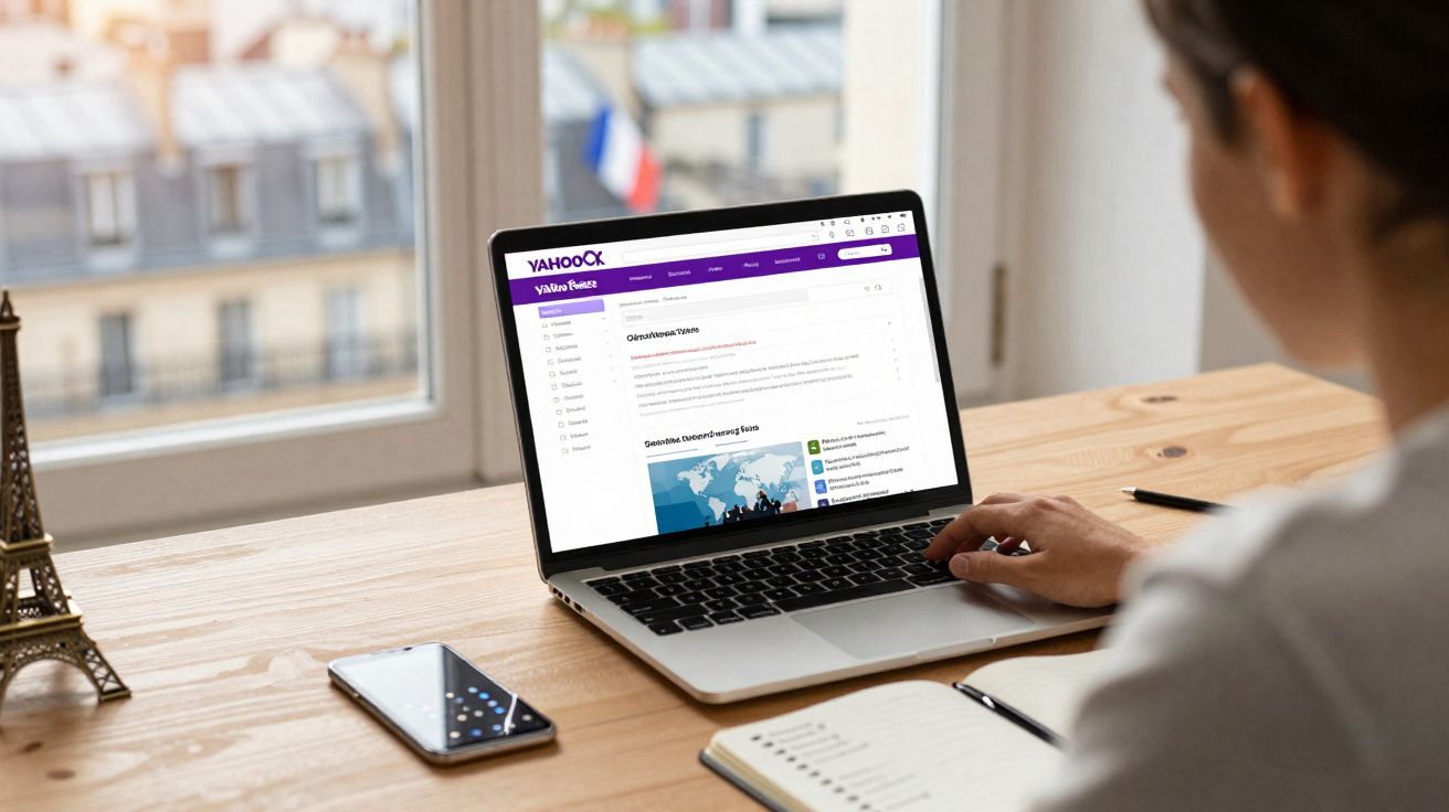 Mulher usando laptop com site Yahoo Finance aberto, mesa com caderno, caneta, celular e miniatura da Torre Eiffel.