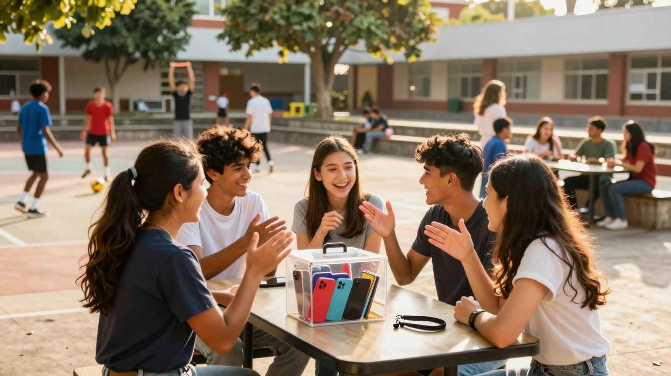 Adolescentes sentados ao redor de uma mesa ao ar livre, conversando e sorrindo em um pátio escolar.