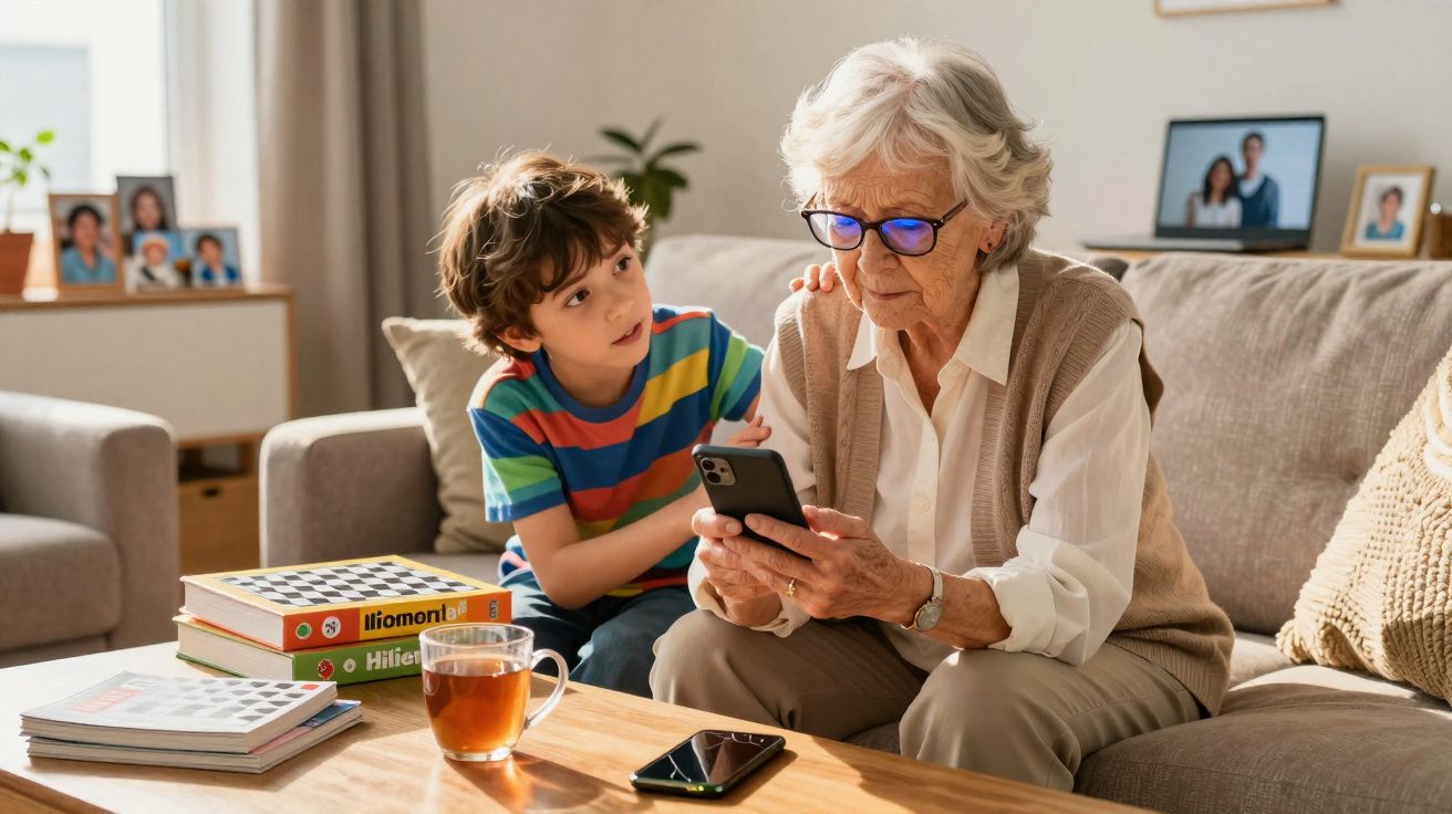 Criança mostrando celular para idosa que está sentada no sofá em sala iluminada e aconchegante.