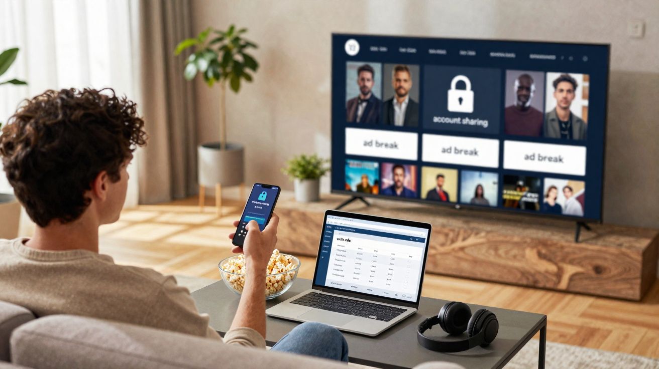 Homem sentado no sofá usando celular, com laptop na mesa e televisão exibindo streaming com aviso de compartilhamento de cont