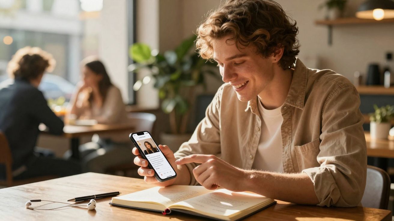 Jovem sorridente usando celular enquanto estuda com livro aberto em cafeteria iluminada.