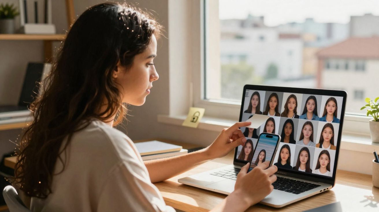 Mulher sentada analisando fotos de rosto em laptop e celular em mesa perto da janela clara.