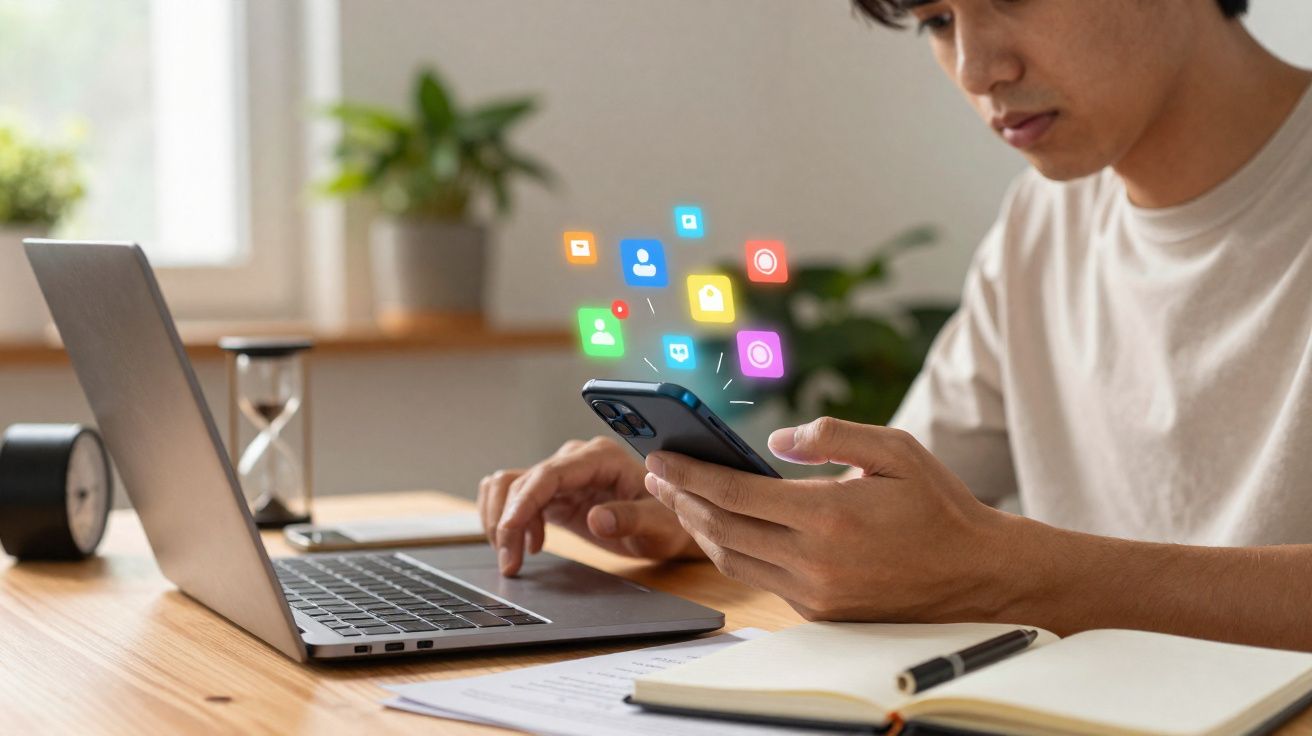 Jovem usando smartphone e laptop, com ícones digitais flutuando, em mesa de trabalho com caderno e caneta.