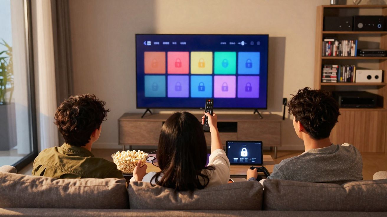 Três pessoas sentadas no sofá assistindo TV com tela de seleção de perfis bloqueados e segurando controle remoto.