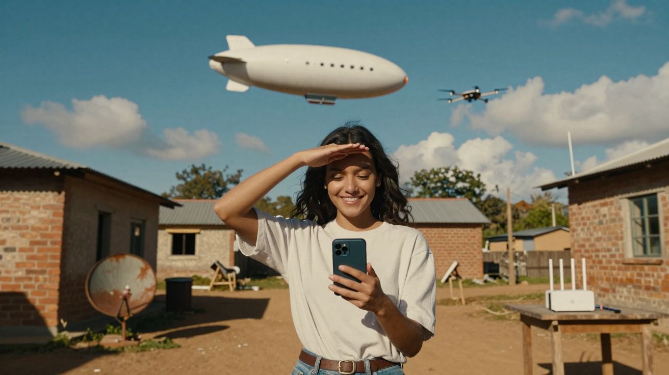 Mulher sorrindo segura celular em área rural enquanto dirige olhar para objeto voador não identificado no céu.