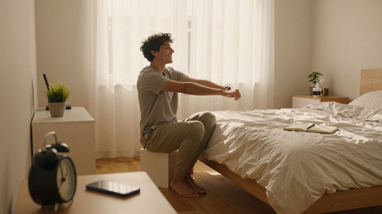 Homem jovem sentado no quarto fazendo exercícios de alongamento pela manhã.