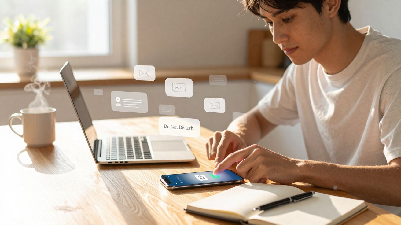 Jovem ativando modo "Não Perturbe" no celular, com notebook, xícara de café e caderno em mesa de madeira.