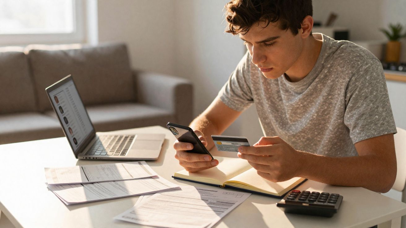 Homem jovem usando celular e cartão de crédito para pagar contas em mesa com documentos e laptop.