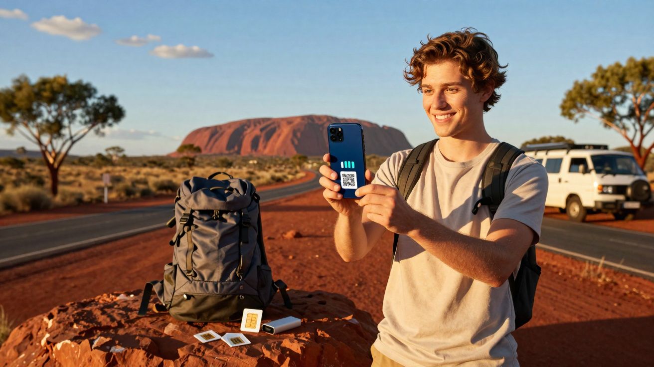 Jovem sorridente segurando celular com código QR em área desértica próxima a ponto turístico e mochila.