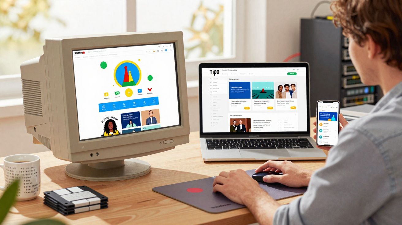 Pessoa usando computador antigo, laptop e celular na mesa de trabalho com xícaras e discos rígidos.