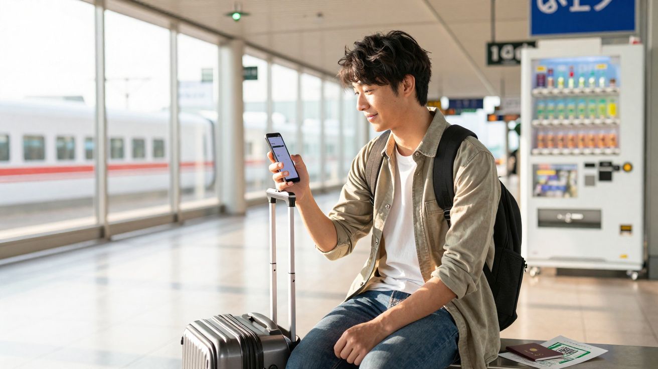 Homem sentado na estação ferroviária com mala, mochila e olhando para celular.