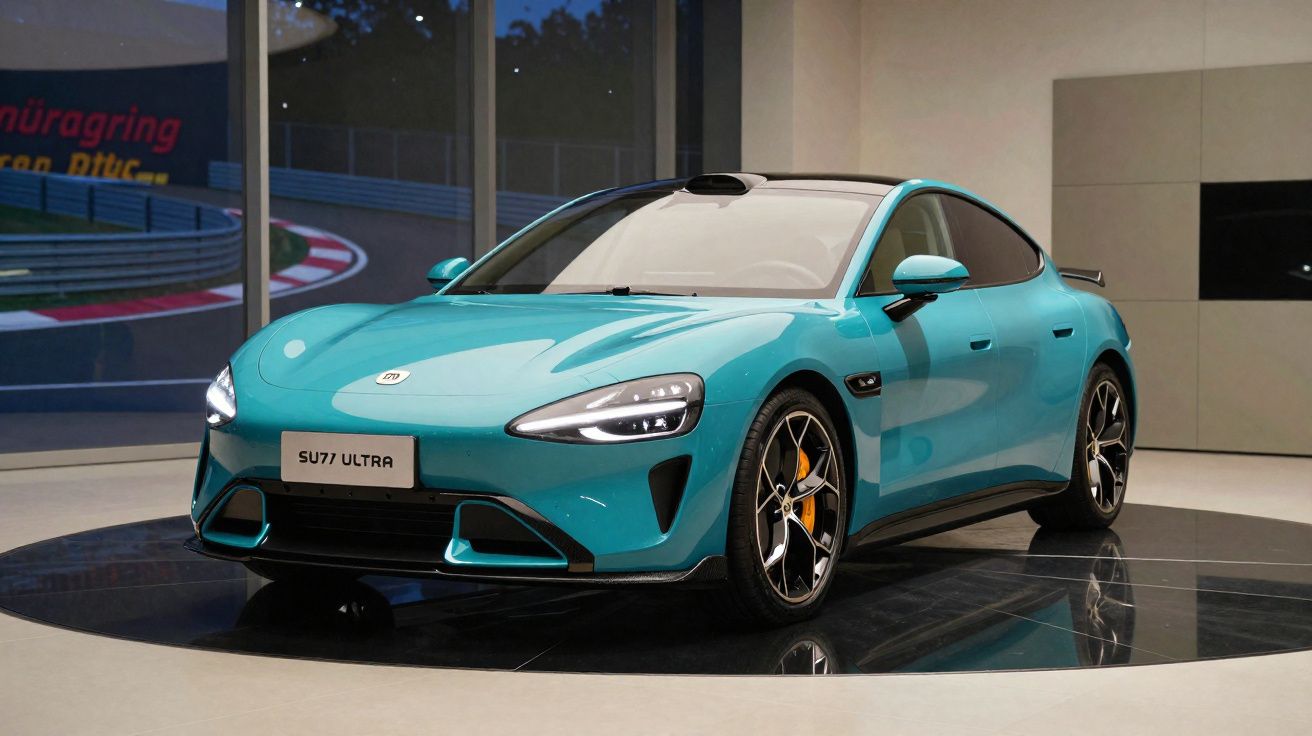 Carro esportivo elétrico azul-turquesa exibido em show room moderno com luzes acesas e rodas esportivas.