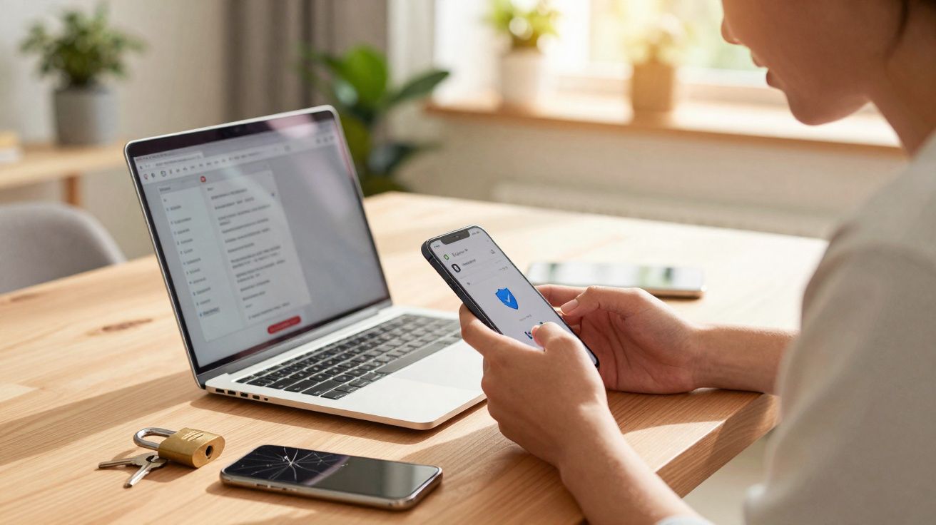 Pessoa usando smartphone com ícone de escudo na tela, ao lado de notebook e celular com tela quebrada sobre mesa.