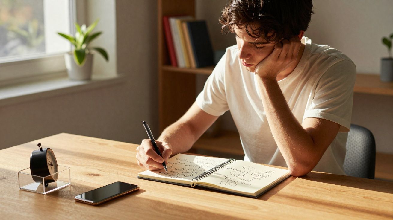 Jovem escrevendo em caderno em mesa de madeira com celular e relógio ao lado, luz natural.