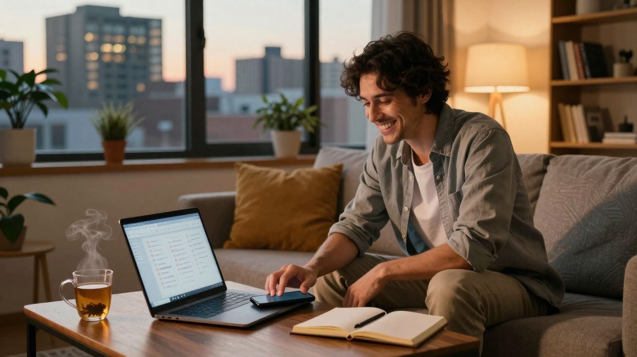 Homem sorridente usando celular perto de laptop, caderno e chá em uma sala aconchegante ao entardecer.