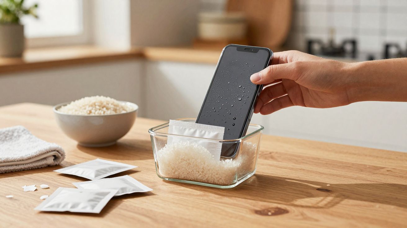 Mão colocando celular molhado em recipiente com arroz para secar em mesa de cozinha.