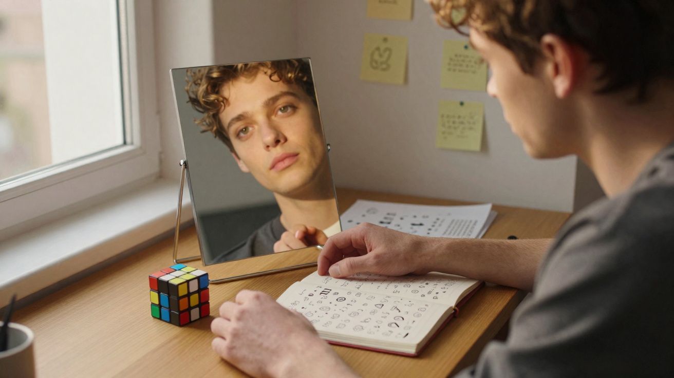 Jovem sentado à mesa olhando para um espelho, com livro e cubo mágico sobre a superfície.
