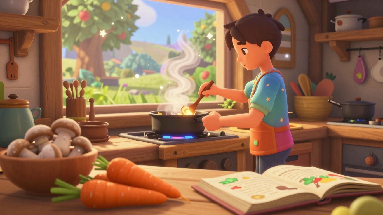 Pessoa cozinhando em fogão a gás em cozinha iluminada, com cenouras, cogumelos e livro de receitas.