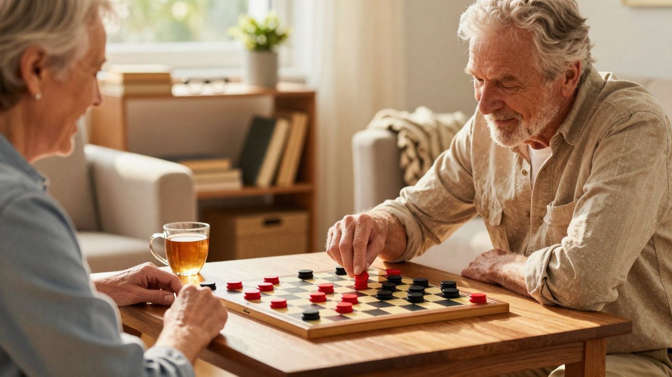 Casal de idosos jogando damas em mesa de madeira em sala de estar iluminada e aconchegante.