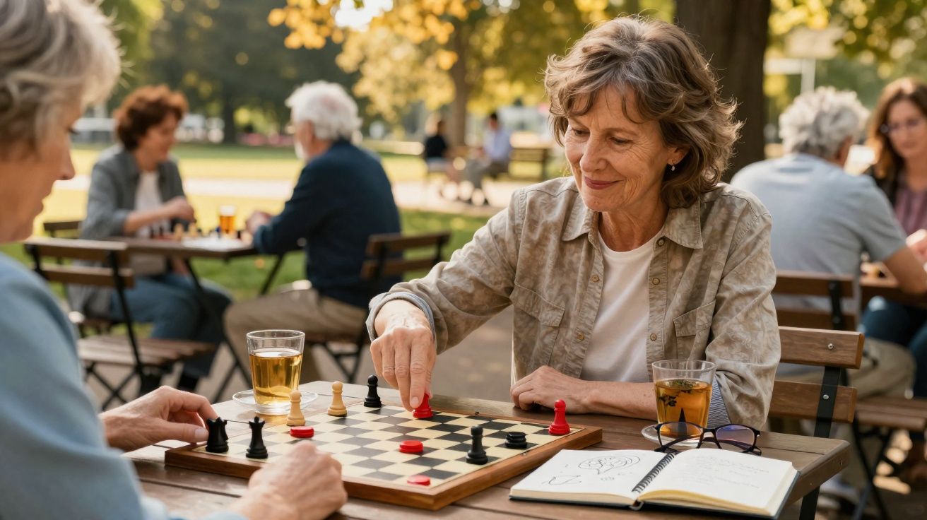 Duas mulheres idosas jogando damas em mesa ao ar livre em dia ensolarado, com bebidas e caderno.
