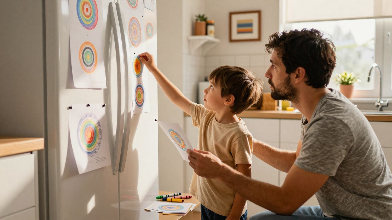 Pai e filho colando desenhos coloridos em círculo na geladeira da cozinha iluminada pela luz do dia.