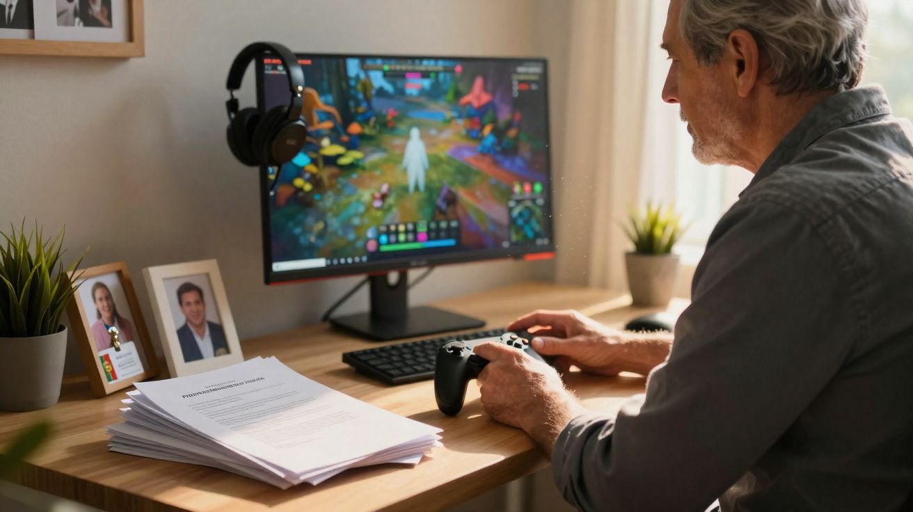 Homem idoso sentado jogando vídeo game com controle em frente a monitor de computador em mesa organizada.