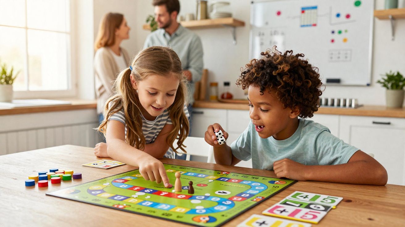 Crianças brincando no jogo de tabuleiro em mesa, com adultos conversando ao fundo na cozinha.