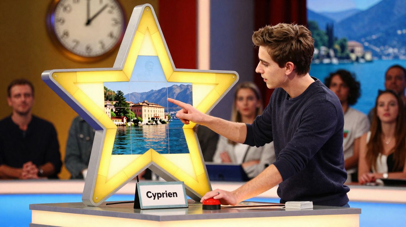 Jovem apertando botão em jogo de perguntas com estrela iluminada e público ao fundo.