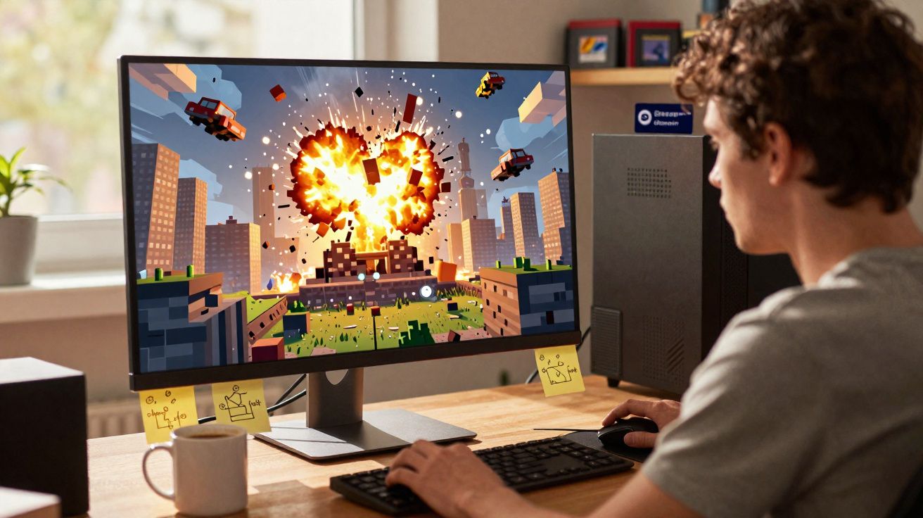 Jovem jogando jogo de computador com explosão e carros voando na tela de monitor em escritório.