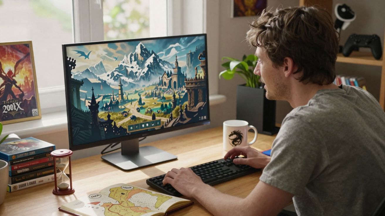 Jovem sentado em mesa, jogando videogame de fantasia com castelo e montanhas no monitor.