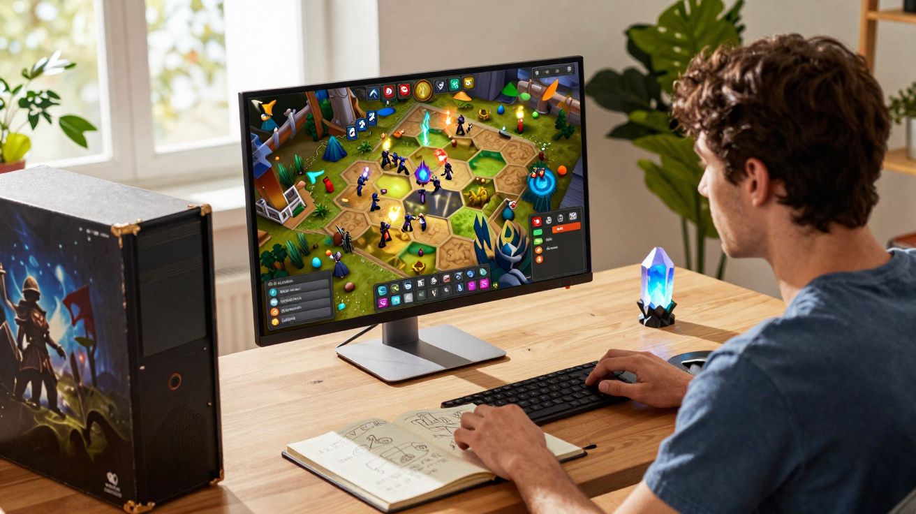 Homem jogando videogame de estratégia em computador com fichário e lâmpada de cristal na mesa.