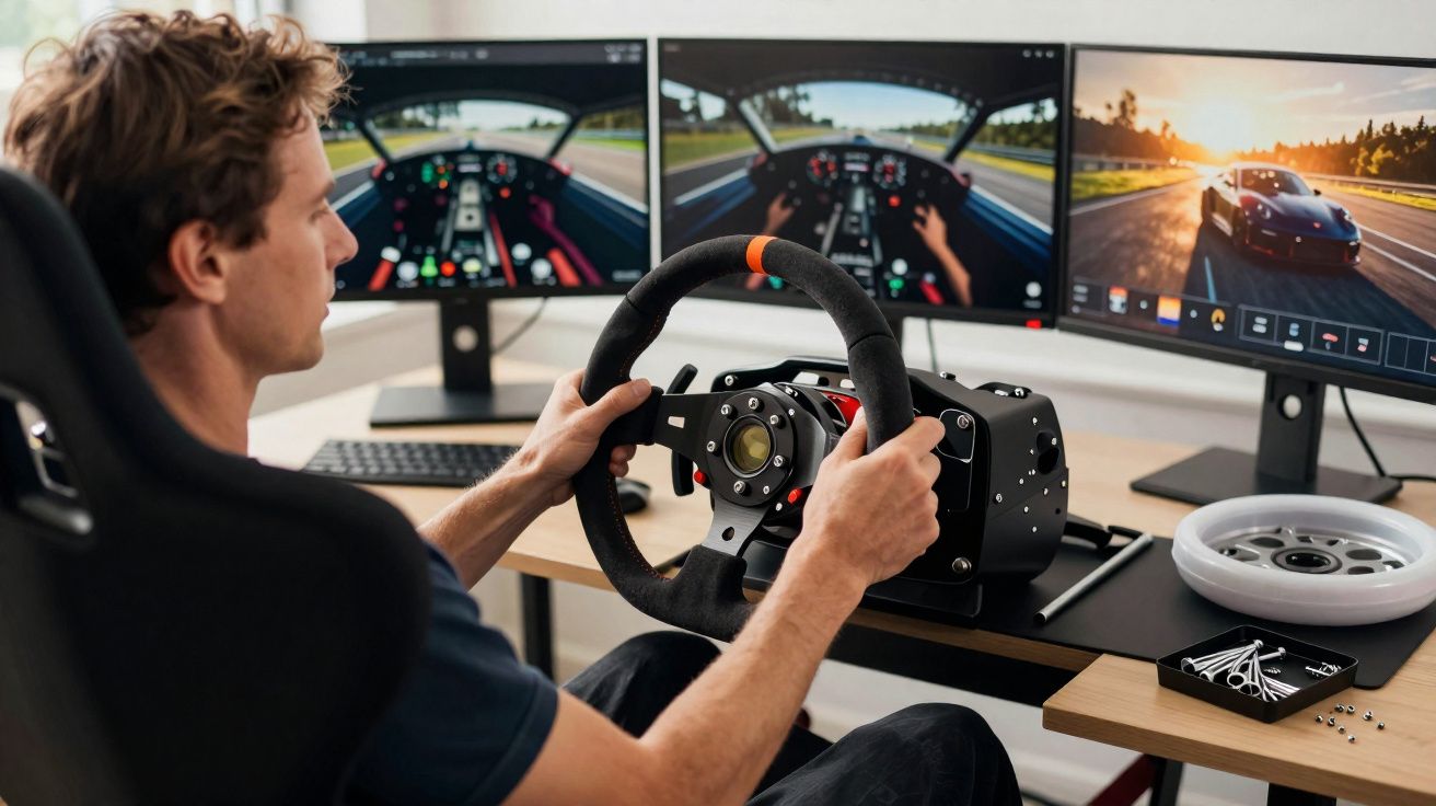 Homem usando volante de simulação com três monitores mostrando corrida de carros em ambiente interno.