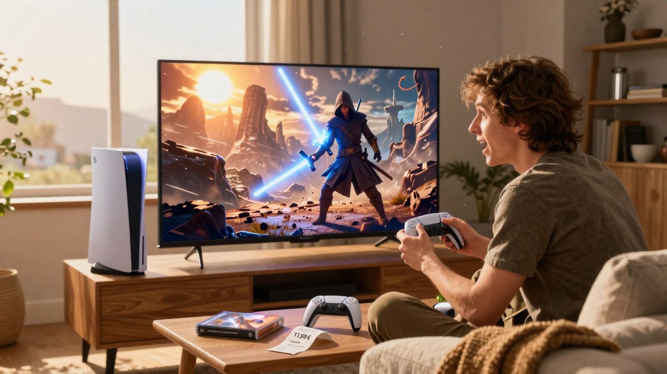 Pessoa jogando jogo de ação com personagem de espada de luz em TV grande na sala de estar.