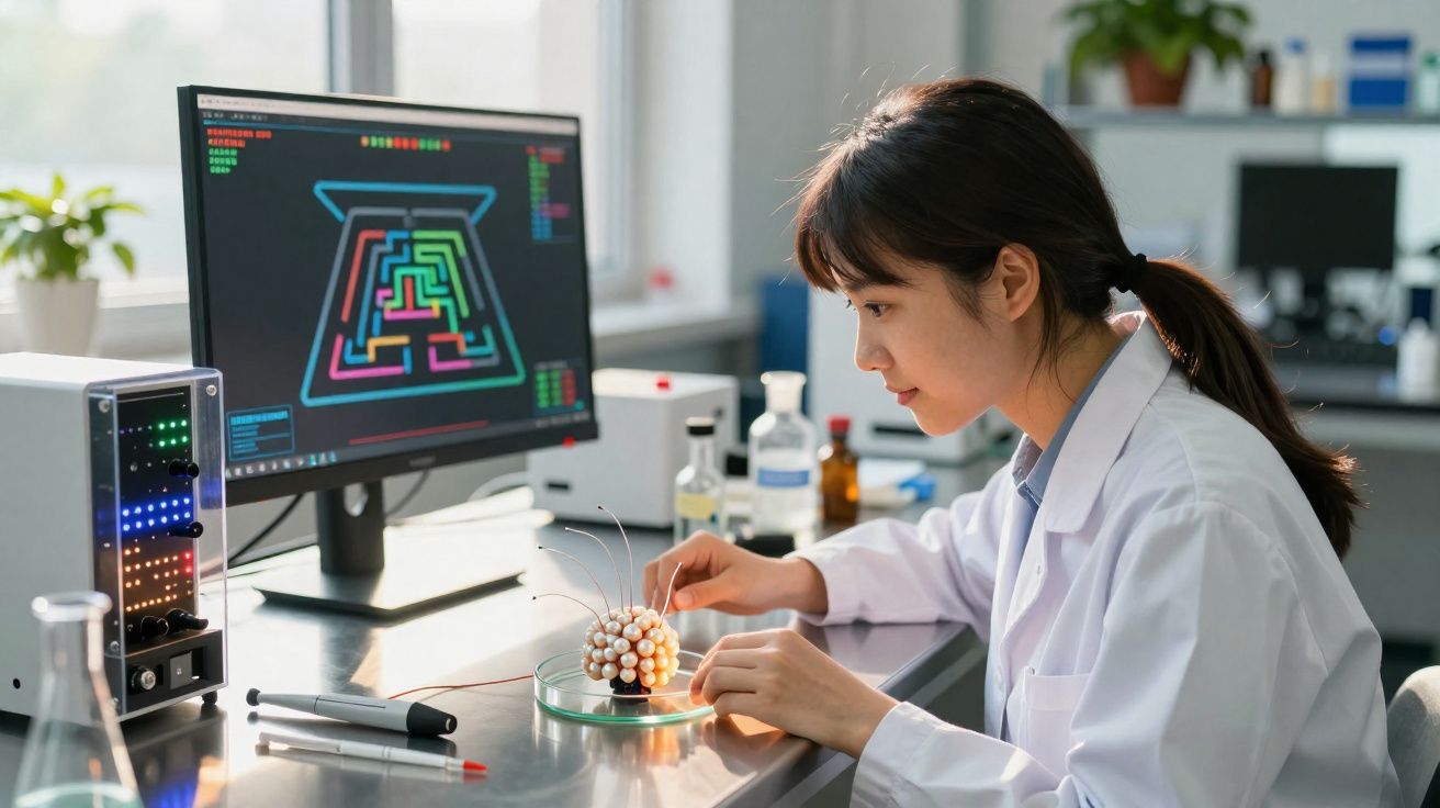 Mulher cientista em laboratório analisa modelo molecular enquanto observa dados em monitor à sua frente.