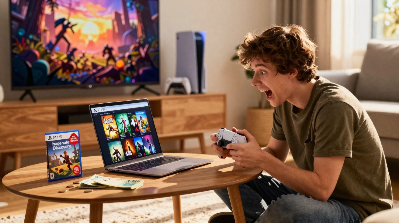 Jovem animado jogando videogame com controle, laptop e TV em uma sala iluminada e confortável.