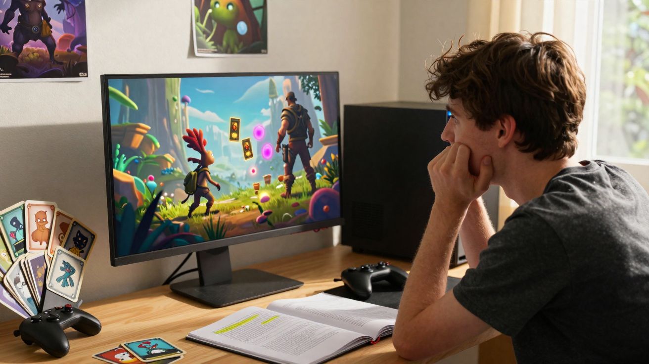 Jovem assistindo a jogo de vídeo game no computador enquanto estuda com livro aberto na mesa.