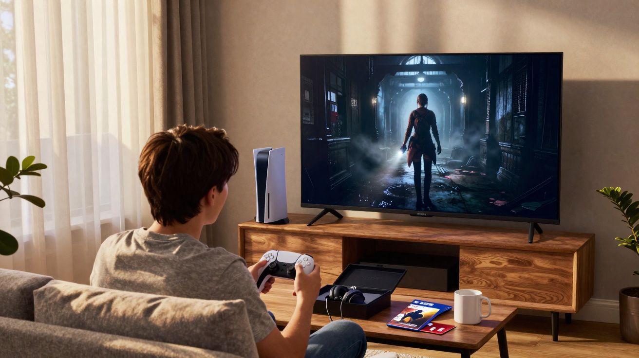 Pessoa sentada no sofá jogando videogame de ação em TV grande com console e controles à vista em sala iluminada.