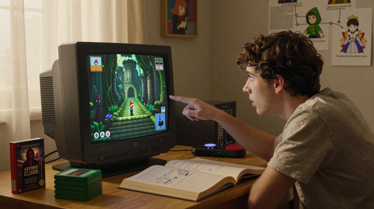 Jovem sentado à mesa interagindo com jogo de videogame retrô exibido em monitor CRT antigo.